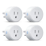 Four white smart plugs with a visible brand logo on a white background